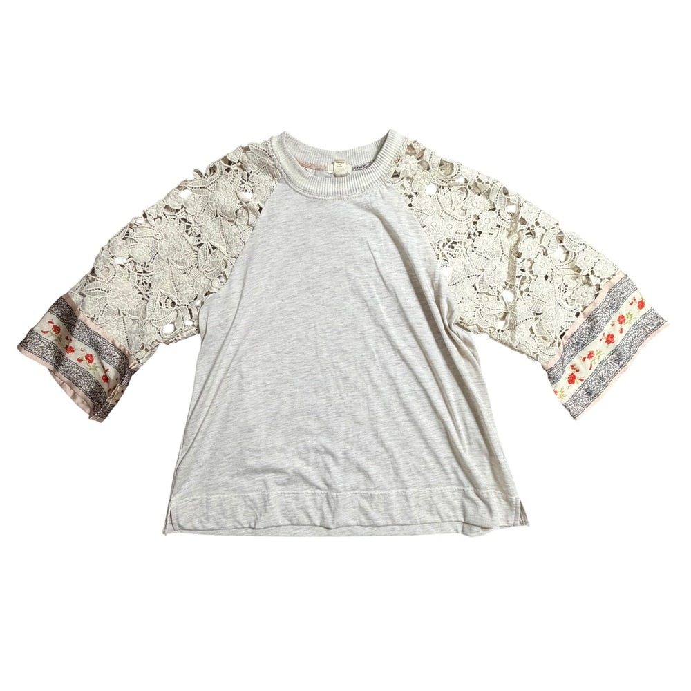 Anthropologie Tiny Crochet Lace Sleeve Top Grey Floral Trim Boho Knit XS